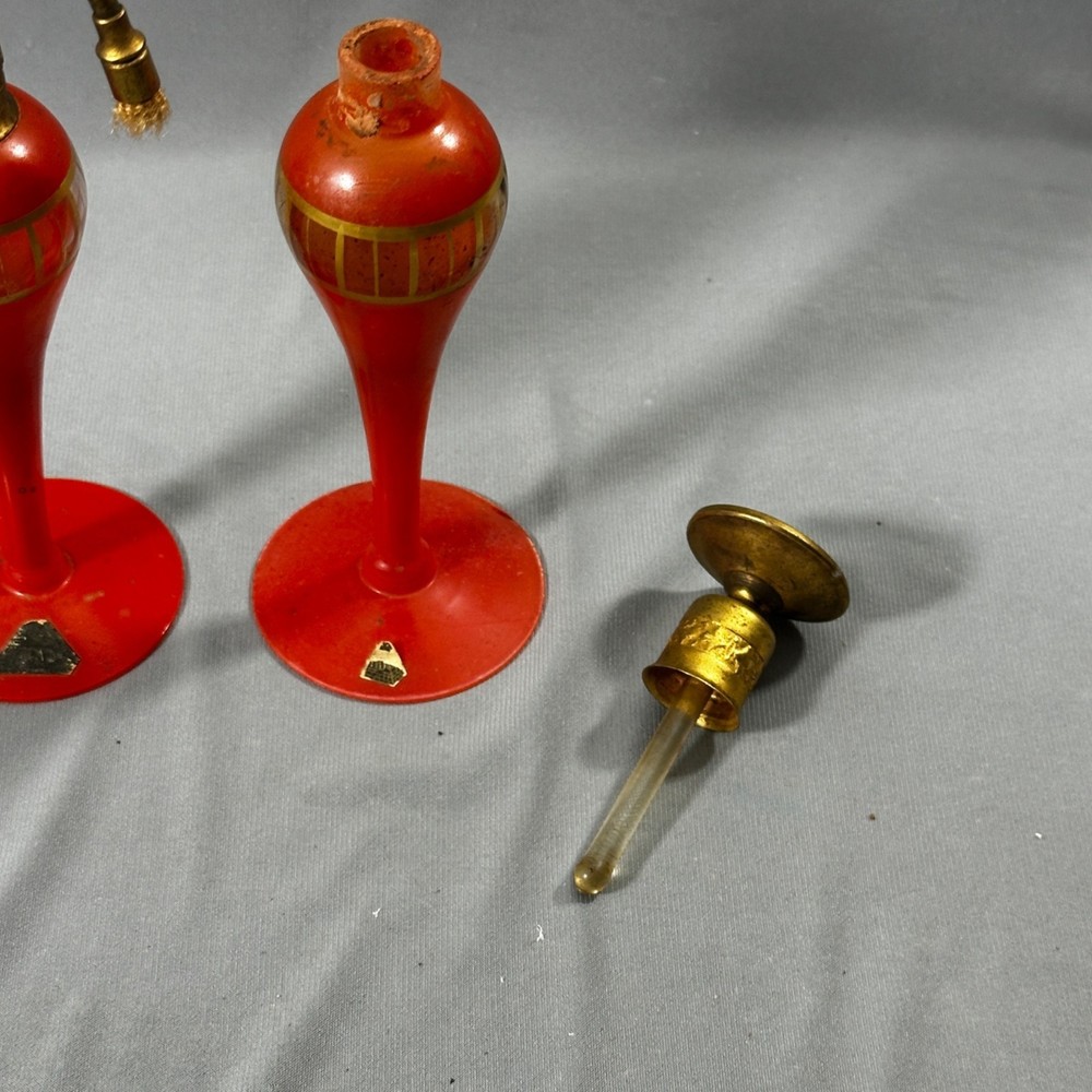 Pair Vintage Art Deco Pyramid Perfume Set Orange Atomizer & Dauber