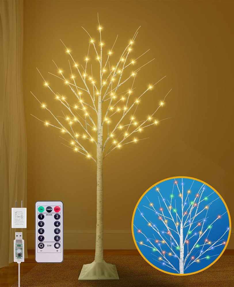 5FT Lighted Birch Tree, Birch Tree with 90 LED Lights, 8 Flash Modes and Timer,