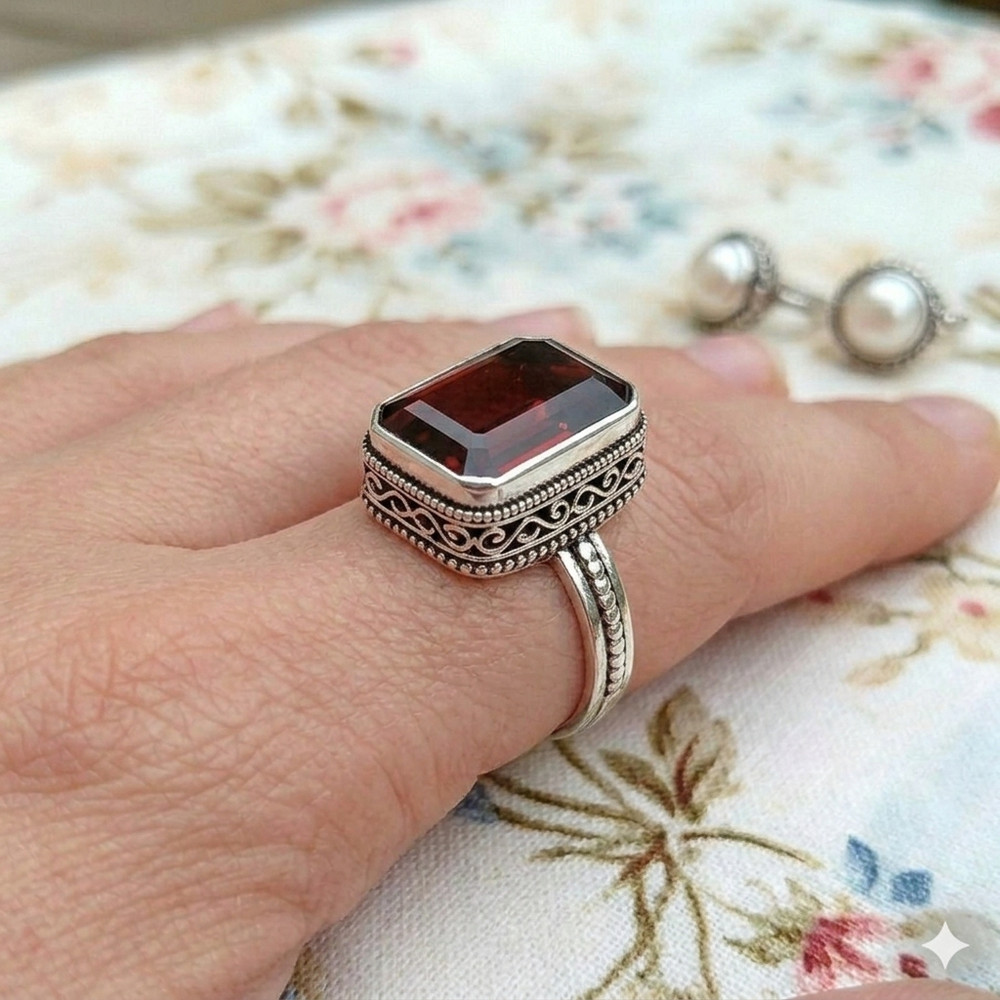 Red Garnet Gemstone Silver Ring 925 Sterling Silver Ring Silver Statement Ring