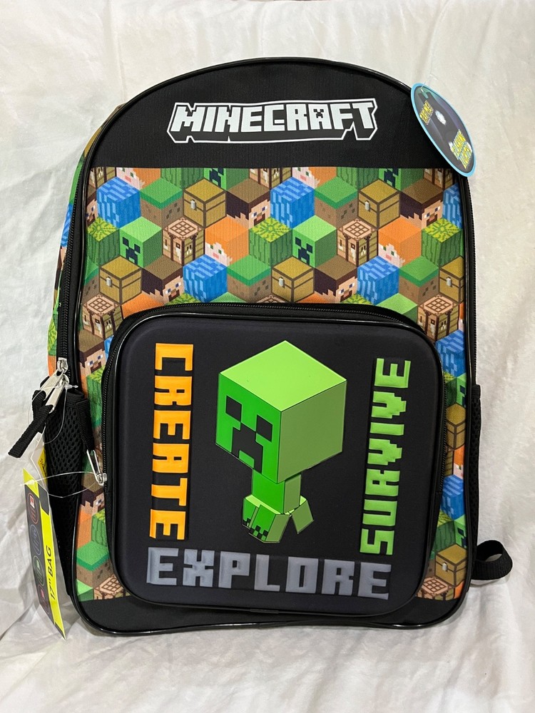 Minecraft Creeper "Create, Survive, Explore" Boys' 17" Light Up Backpack New