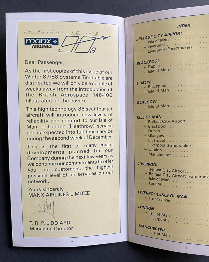 Manx Airlines Timetable Effective October 25, 1987