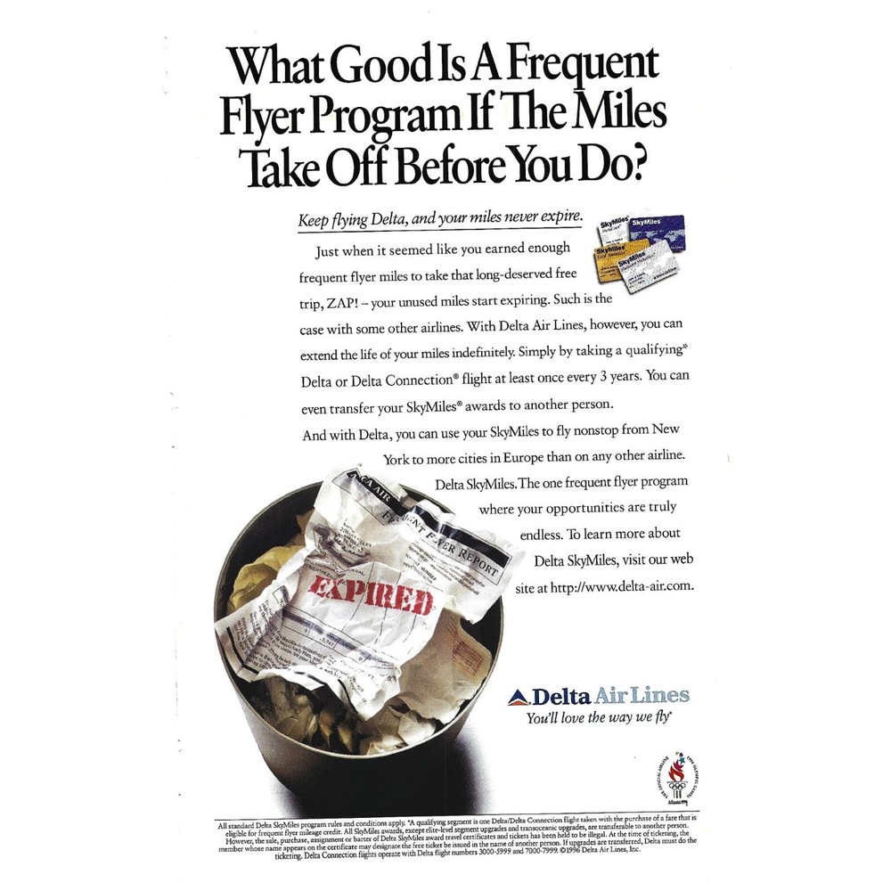 Delta airlines Frequent Flyer Program 1990s  Vintage Print Ad