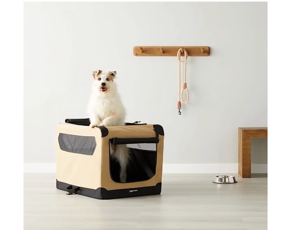 Folding Dog Crate Amazon Basics Front & Top Opening 30" Beige Soft NEW!!