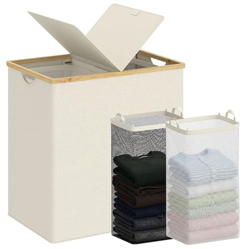 Laundry Hamper with Lid, Double Laundry Hamper with 2 140L Dual Beige