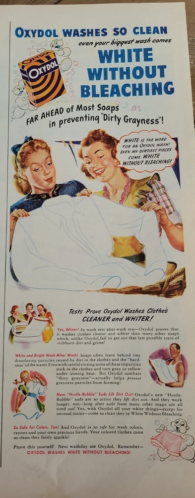 1945 Oxydol Laundry soap detergent white without bleaching clean ad