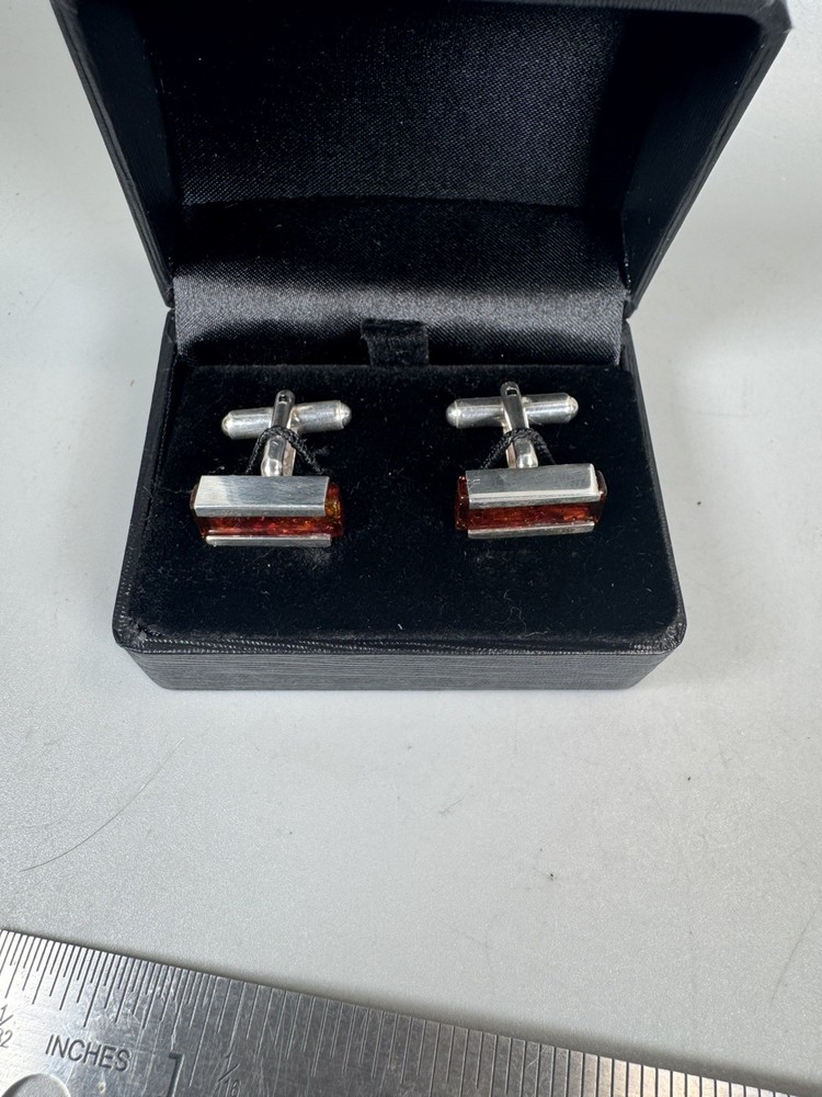 Sterling Silver 925 Cufflinks with Baltic Amber Rectangular Design – New in Box