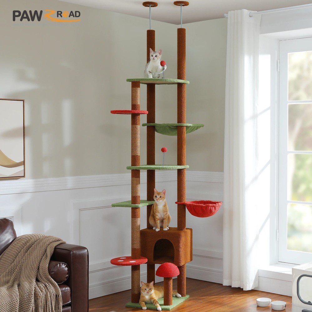 Cat Tree Floor To Ceiling Cat Tower Adjustable Height with Activity Tree Borwn