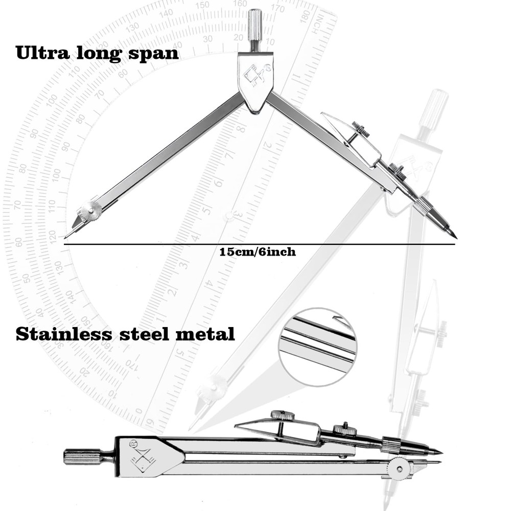 Geometry Math Set Drawing Compass 6 Inch Transparent Swing Arm Protractor