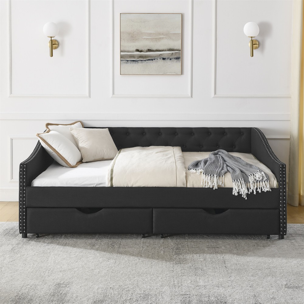 Full Size Daybed Modern Upholstered Bed Frame Sofa Bed w/ 2 Storage Drawers