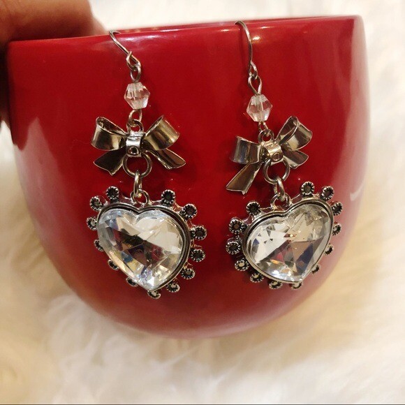 Large Crystal Heart Silver 2.5” Statement Earrings