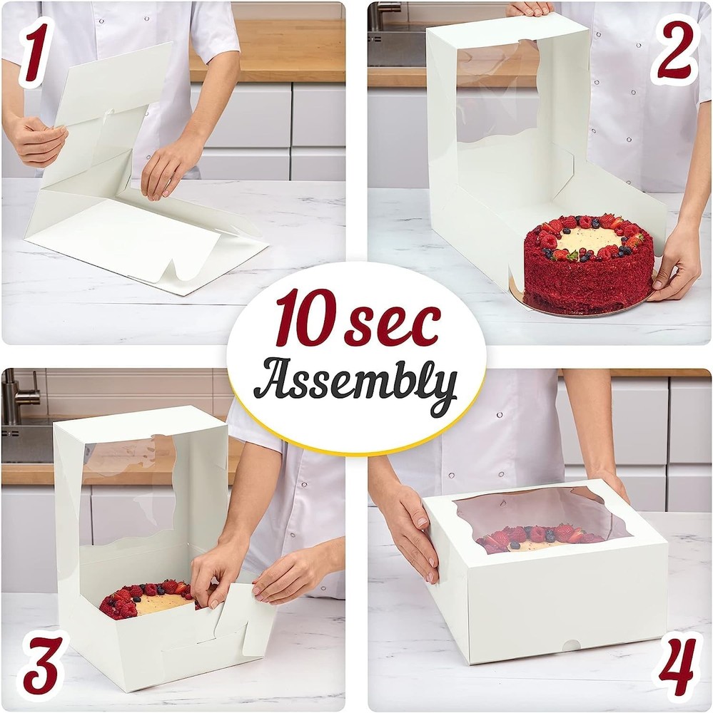 24 PCS 10 Inch Cake Bakery Boxes Window 12 Boards White/Gold FrontLoading