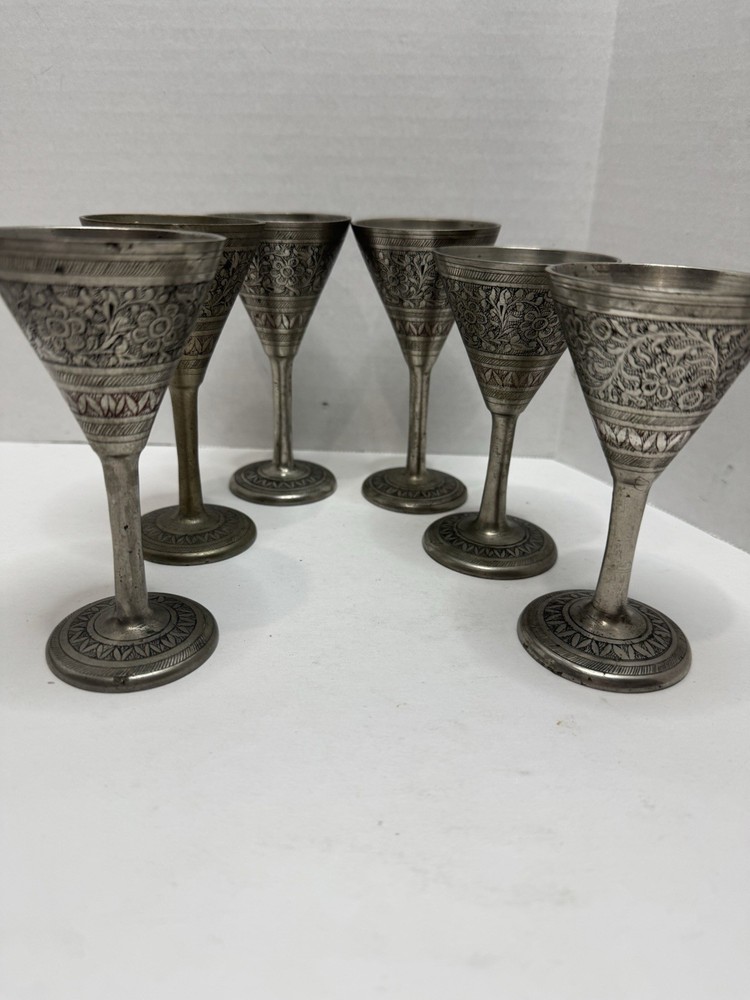6 Vintage Small Solid Etched Brass Silver Wine Goblets/Whiskey Cups