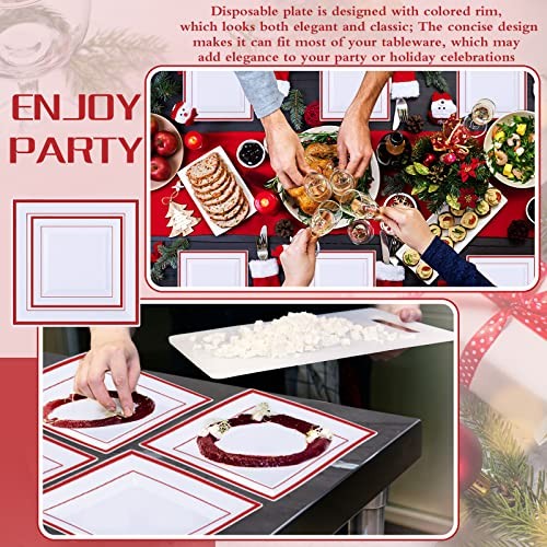 50 Pcs Square Plastic Plates White Disposable Dinnerware Set 25 Guests 9.5 Red