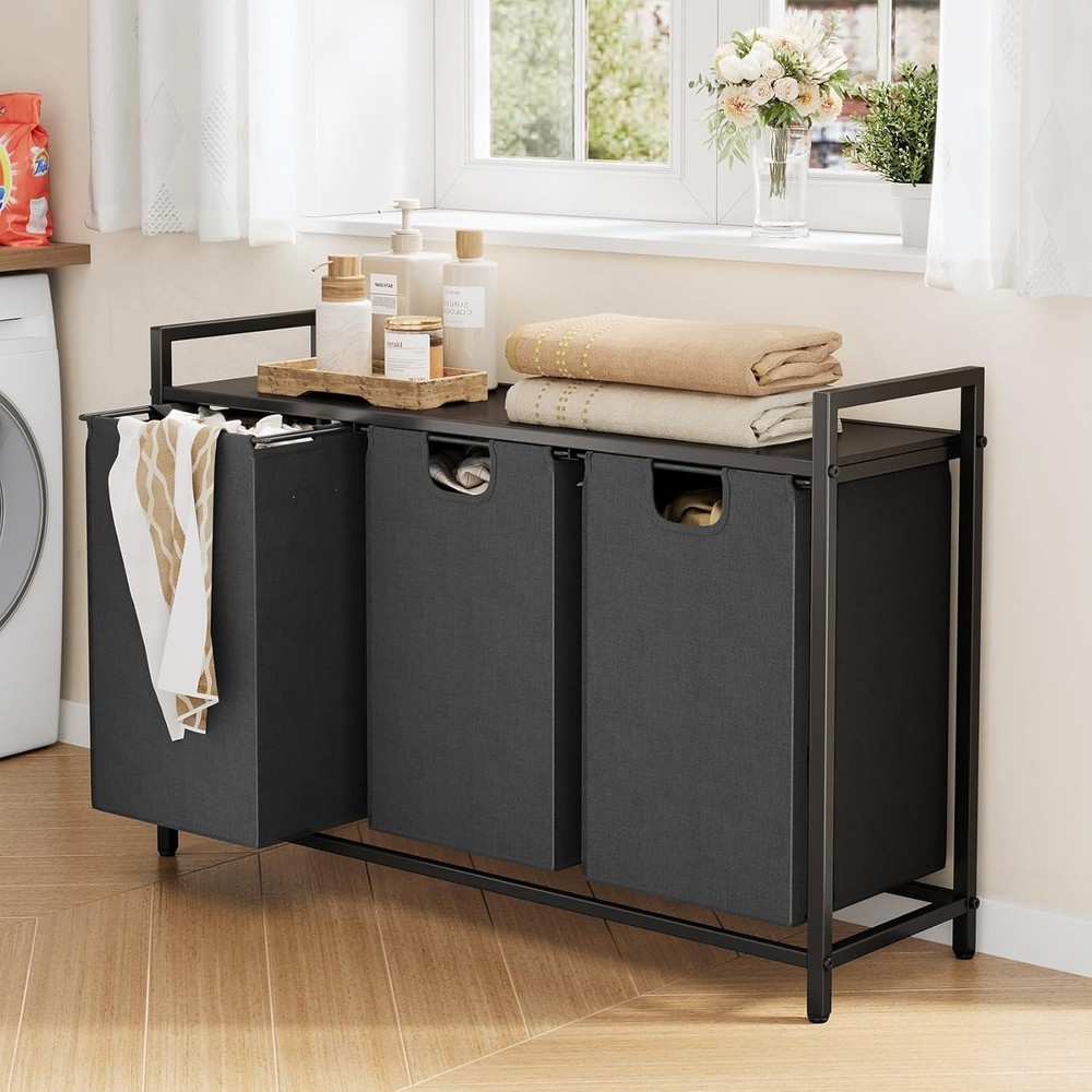 Laundry Basket Organizer Laundry Hamper W/ Shelf & 2 Pull-Out Removable Bags