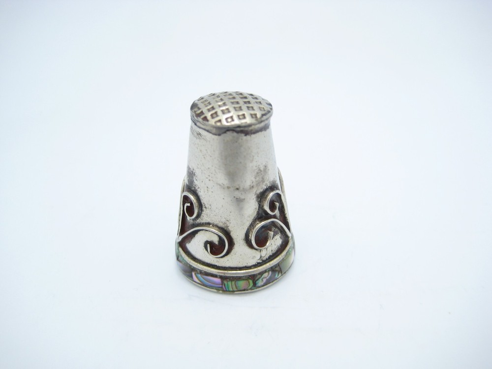 Antique Sterling Silver Sewing Thimble Abalone Inlay Wave Design