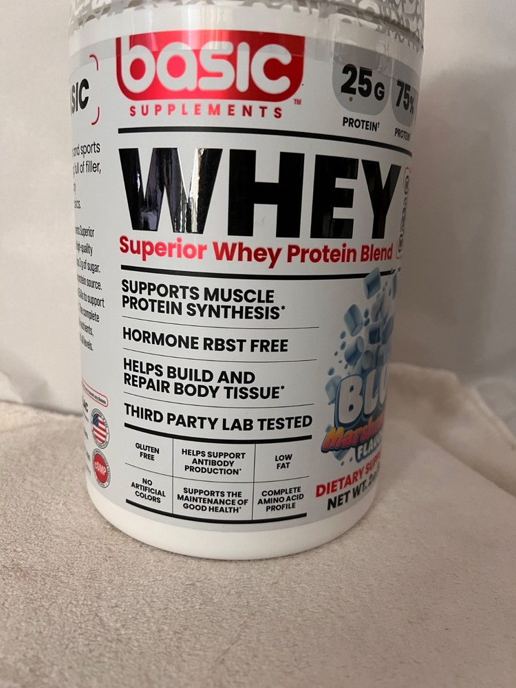 Basic Supplements Whey Protein Blend 2lbs Blue Marshmallow Flavor Exp Dec 2027