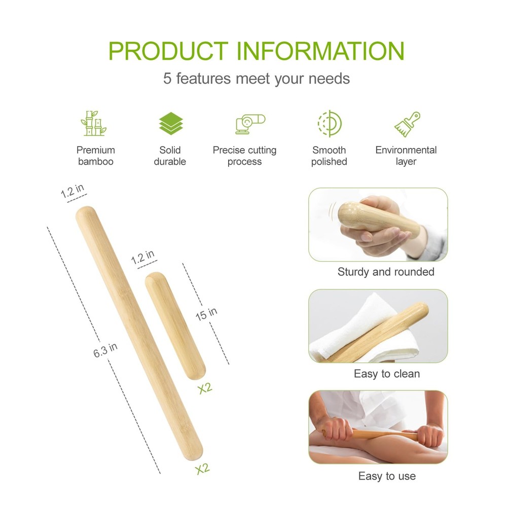 4PCS Solid Bamboo Massage Sticks & Guasha Set with Roller/Stick - 100% Bamboo...