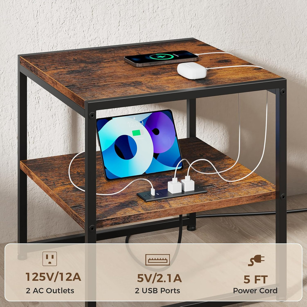 20IN End Table with Charging Station, Rustic Brown Square Side Table with USB Po