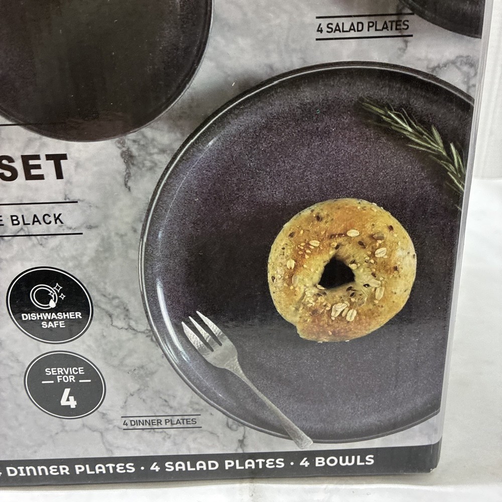 Gourmet Edge 12 Piece Dinnerware Set Reactive Glazed Stoneware Black