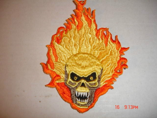 FLAMING SKULL PATCH, EMBROIDERED 7" X 5"