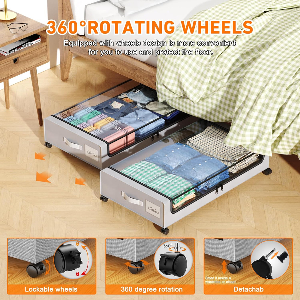 Under Bed Storage with Wheels, 4 Pack under Bed Storage Containers with Dividers
