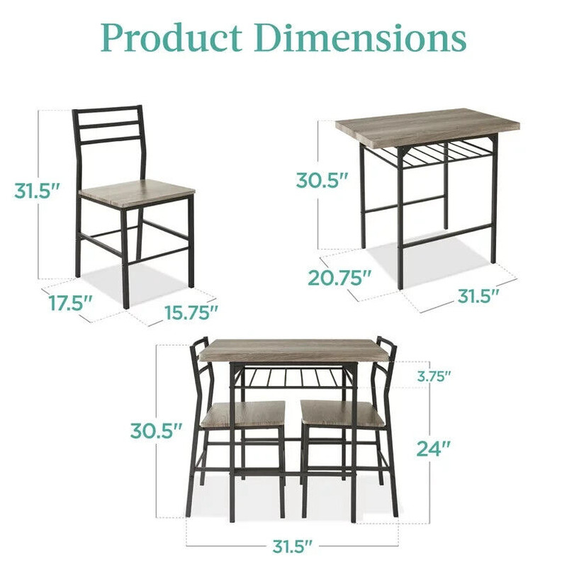 3 Piece Dining Set Gray Black Storage Compact Kitchen Dining Room Square Modern