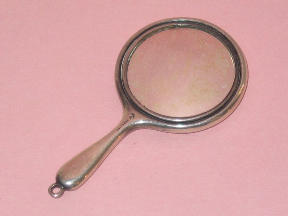 Watrous ~ Vintage Miniature Sterling & Gold Wash Chatelaine Mirror ~ E Initial