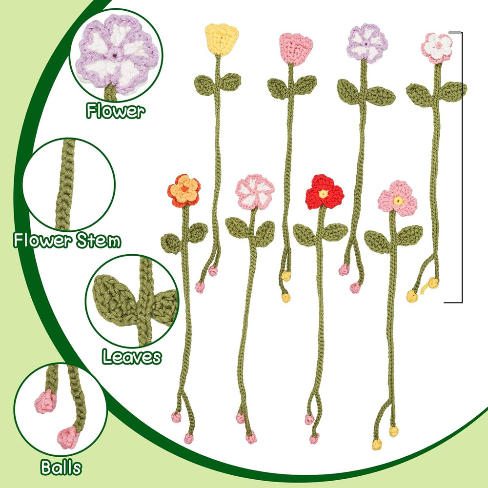 Beginner Crochet Kit: 8 Flower Bookmarks with Video Tutorials & Yarn Set