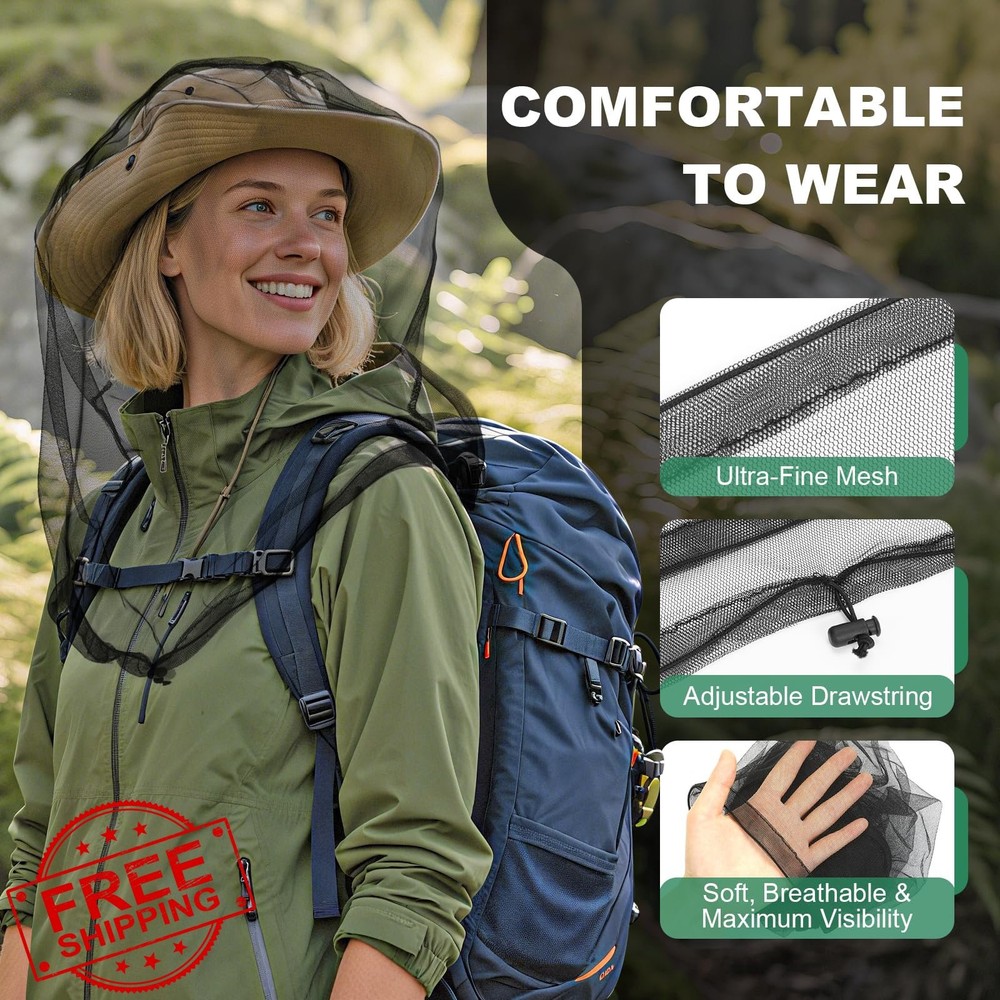 Pmxary 2pk Mosquito Head Net Bug Hat Drawstring Black Outdoor Essential