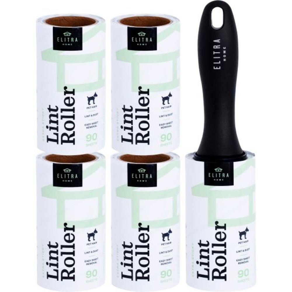 Elitra Extra Sticky Lint Roller Lightweight Handle + 4 Refill Packs (450 Sheets)