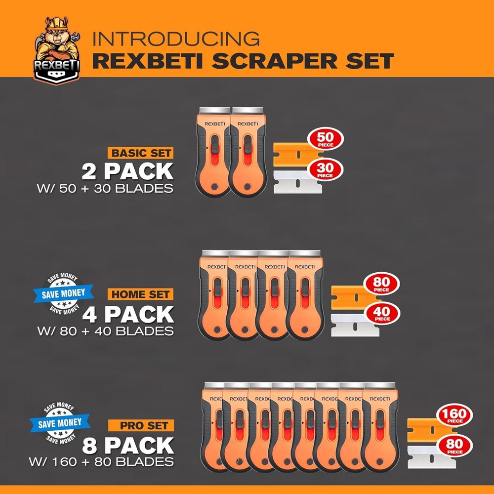 REXBETI Razor Blade Scraper Tool, 2 Pack Razor Scraper Set with Extra 80Pcs Razo