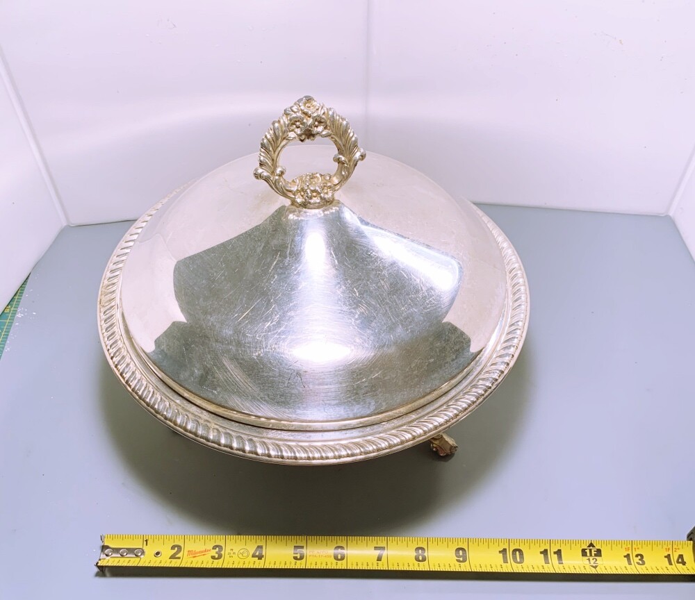 LOVELY SILVER PLATE 1930 COVERED CASSEROLE WITH GLASS INTERIOR