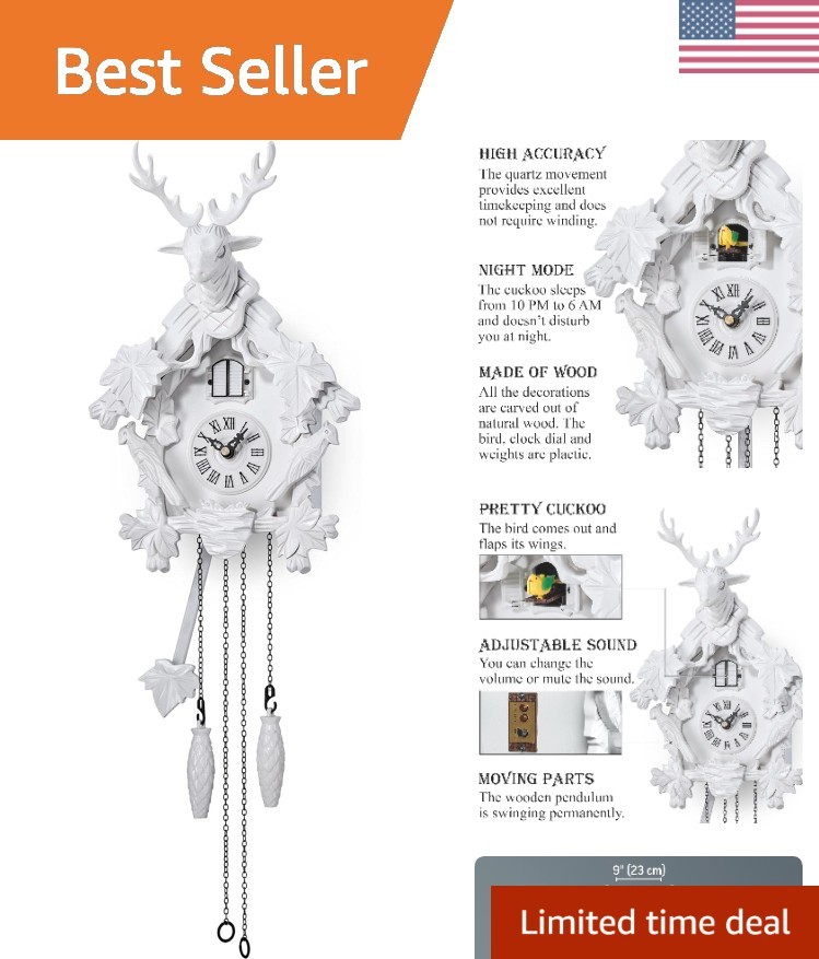 Cuckoo Clock with Automatic Night Mode, Quartz Movement and Carved Deer Head ...