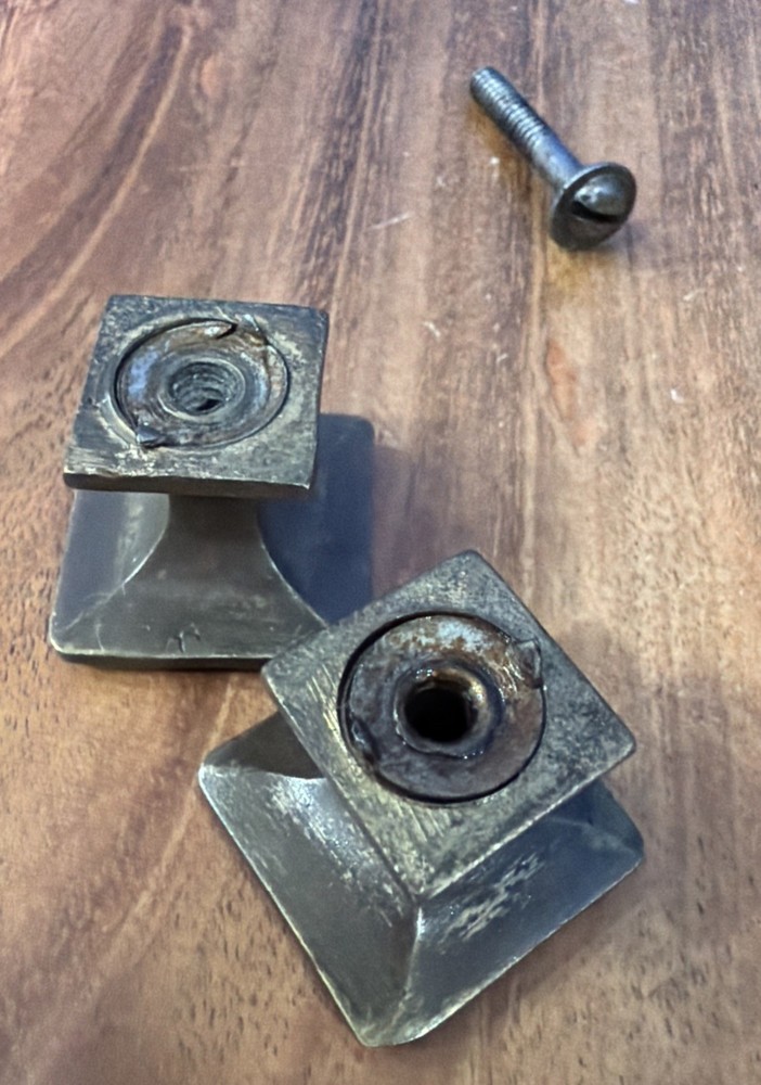 2 Antique/Vintage Solid Brass Mission Style Drawer Pulls Square W Raised Bevel