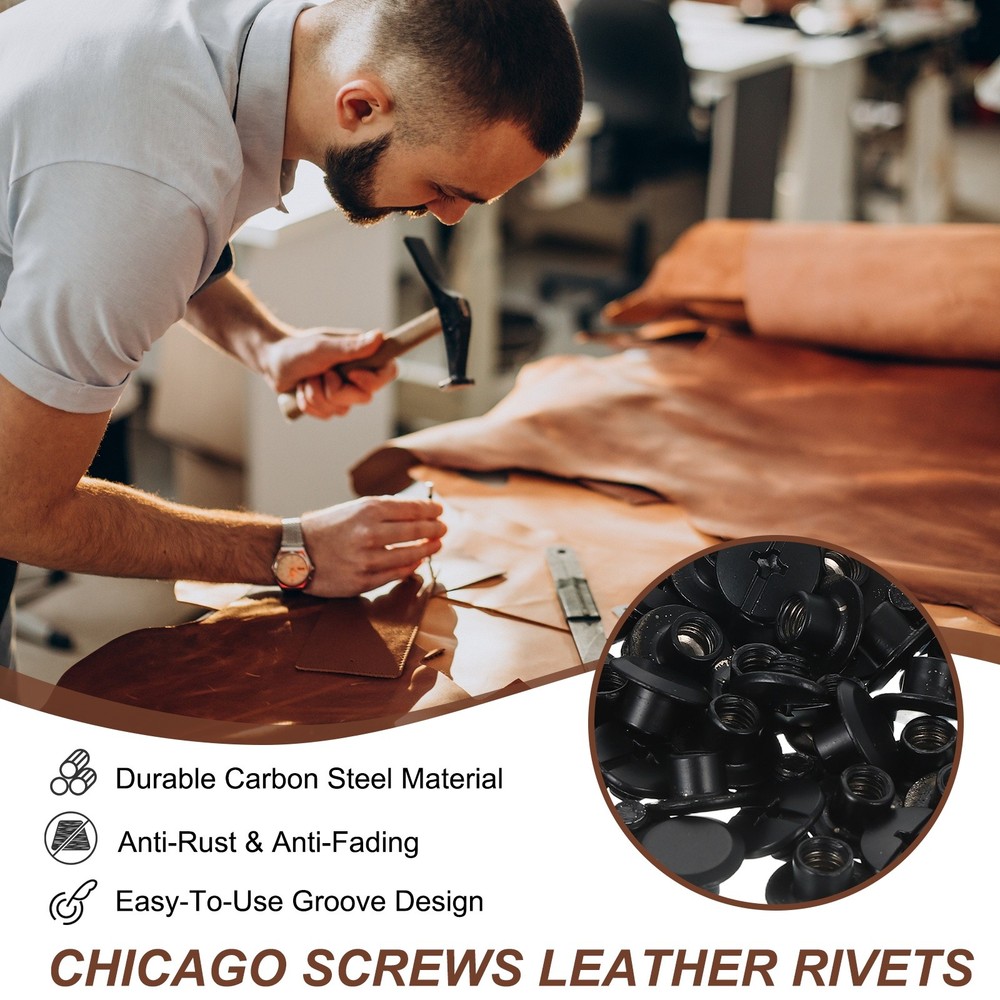 7mm Chicago Screws Leather Rivets, 60 Set Leather Rivets, Black