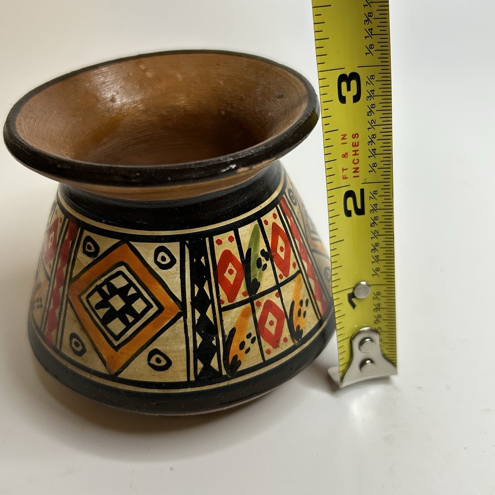 Peruvian Pottery Hand Painted Small Vase Red Clay Geometric Pattern Bud 3" Pot