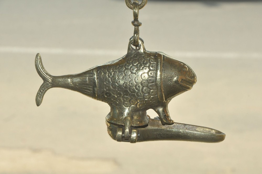 Vintage Brass Fish Shape Engraved Handcrafted Solid Hanging Oil Lamp