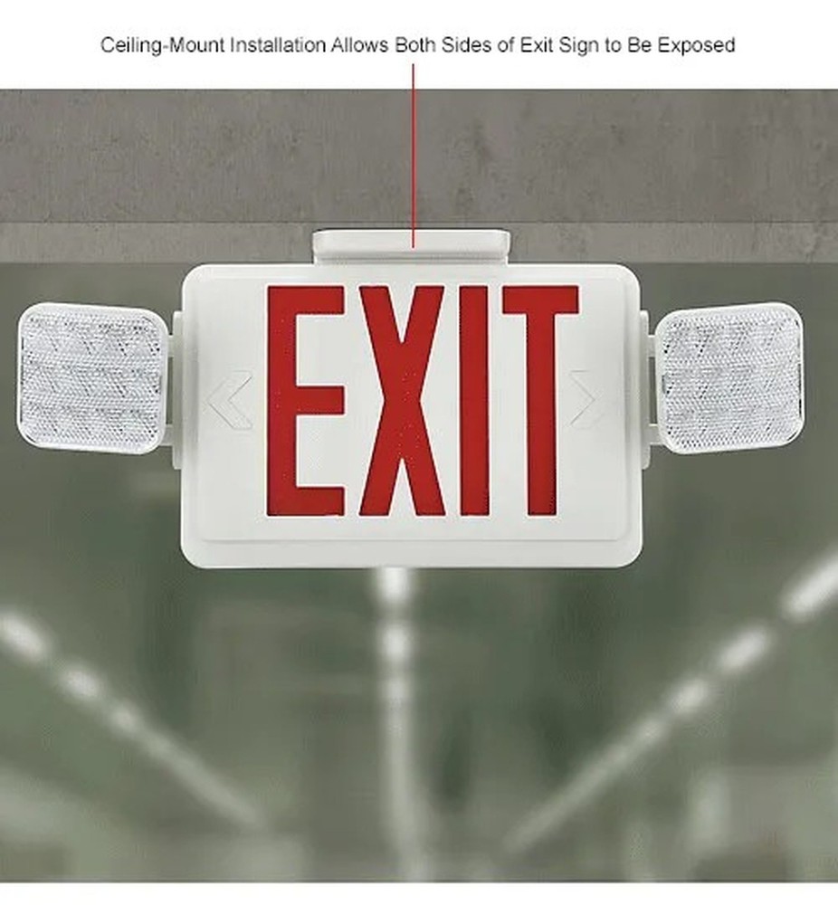 Combo LED Emergency Exit Sign, Red Letters, Ceiling & Wall Mount