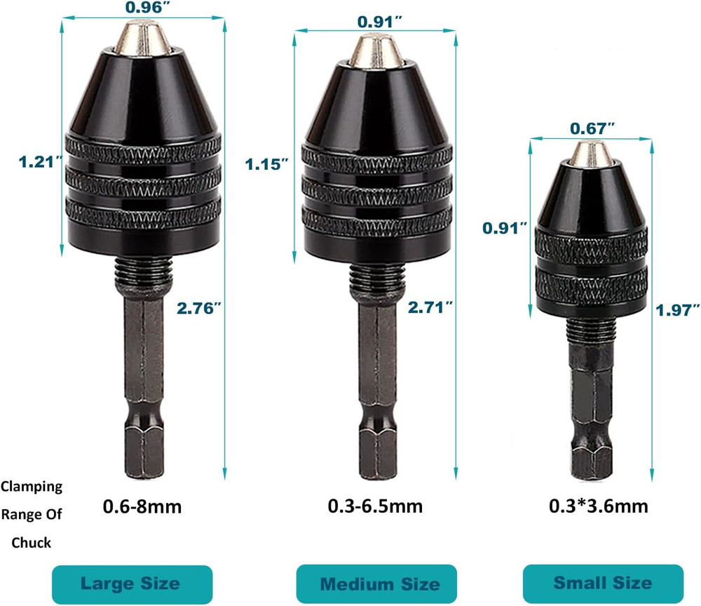 Keyless Drill Chuck Adapter - 3Pcs Drill Chucks for Impact Driver, 1/4' Hex S...