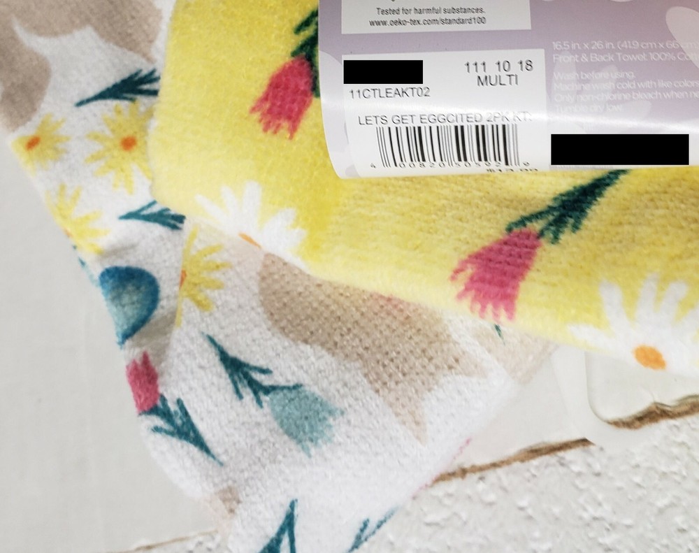 2 DIFFERENT PRINTED TERRY TOWELS (16.5"x26") EASTER,CATS,LET'S GET EGG-SITED, KO