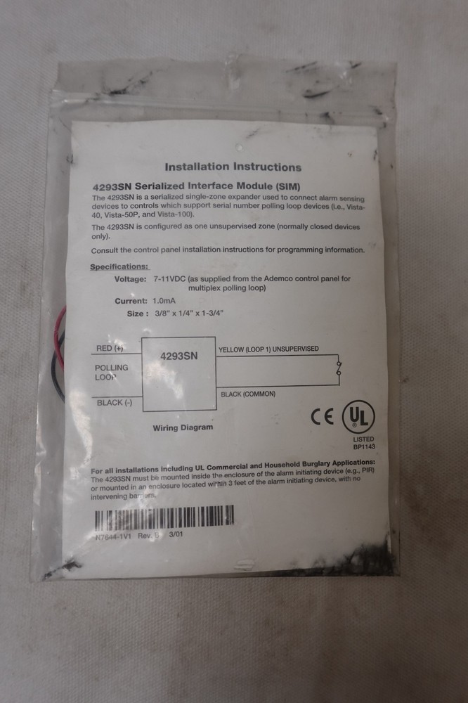Ademco 4293SN Alarm System SIM Serialized Interface Module - NOS