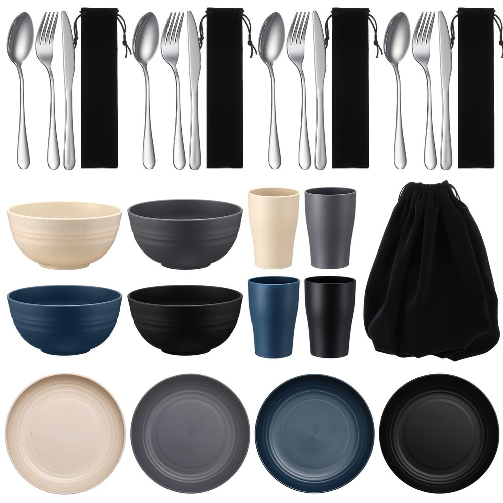 4 Sets Camping Mess Kits for 4 Person Camping Silverware Set Include Cup, Bow...