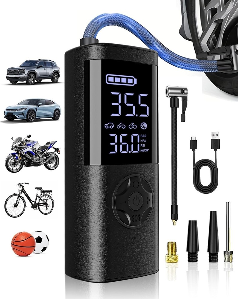 Mini Air Compressor with Emergency LED Light & Cordless Operation for Vehicles