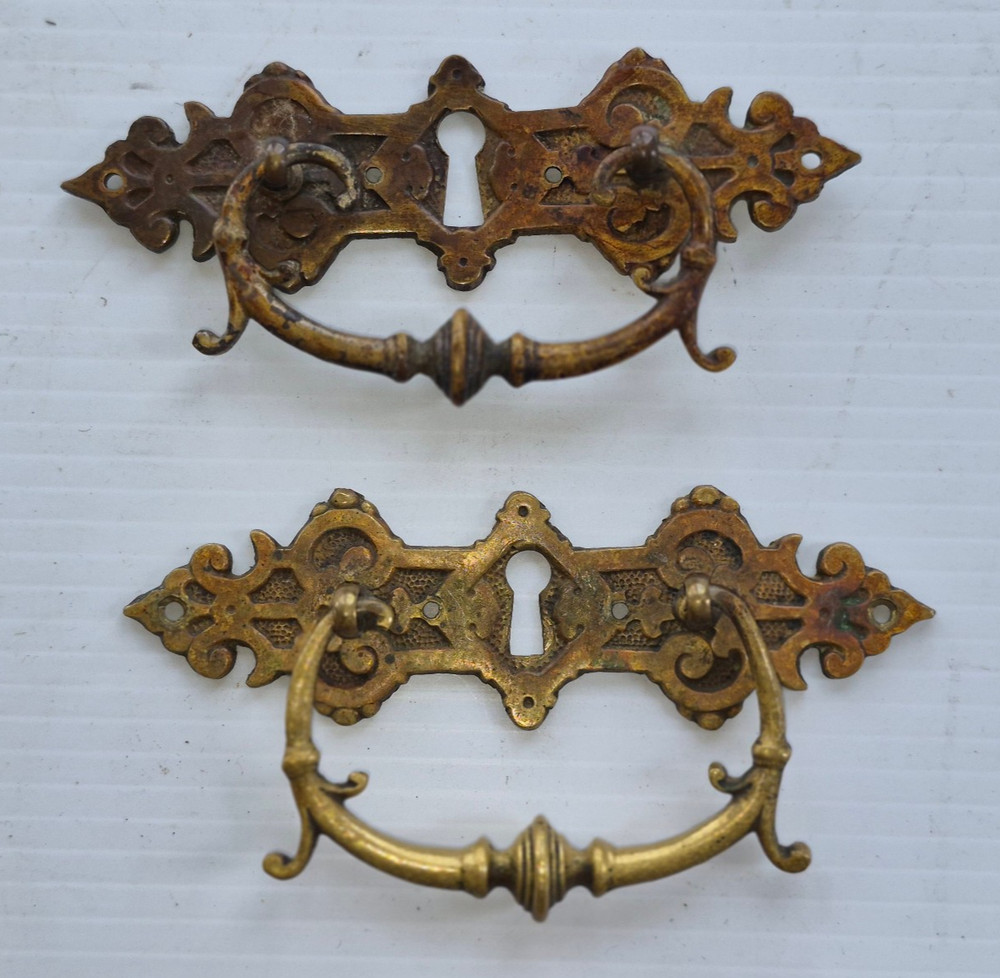Pair Solid Cast Brass Antique Drawer Pulls Bail Handle Ornate Aesthetic Movement