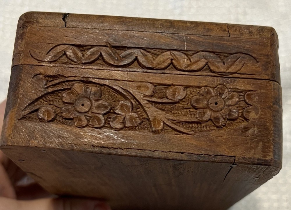 Vintage Hand Carved Wooden Rectangular Decorative Box Owl Floral Pattern, Small