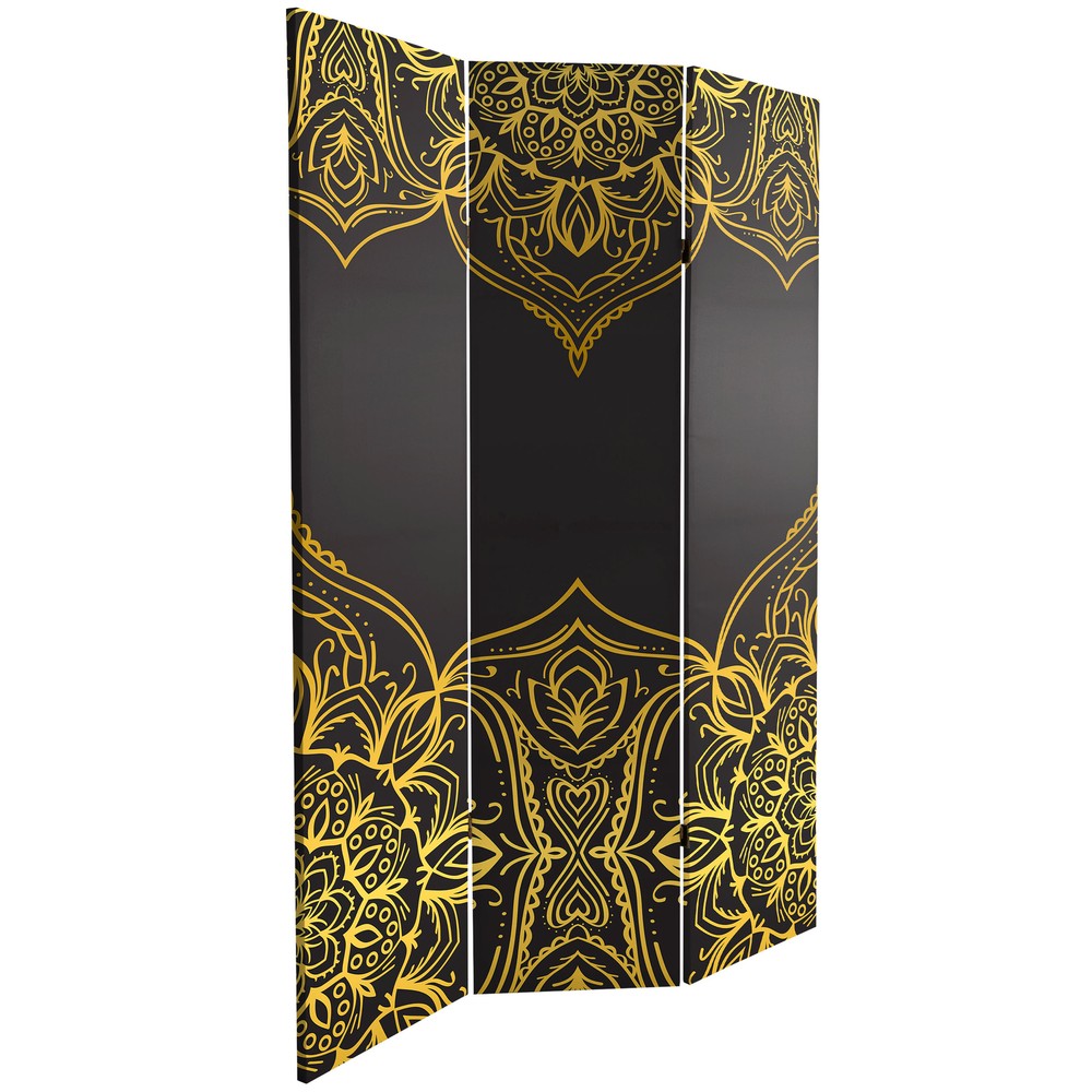 6 ft. Tall Double Sided Black Indian Pattern Canvas Room Divider