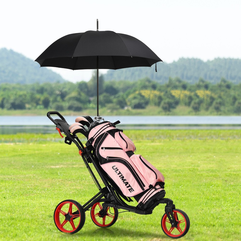 3 Wheels Foldable Golf Push Pull Cart Trolley w/ Adjustable Handle Brake Red