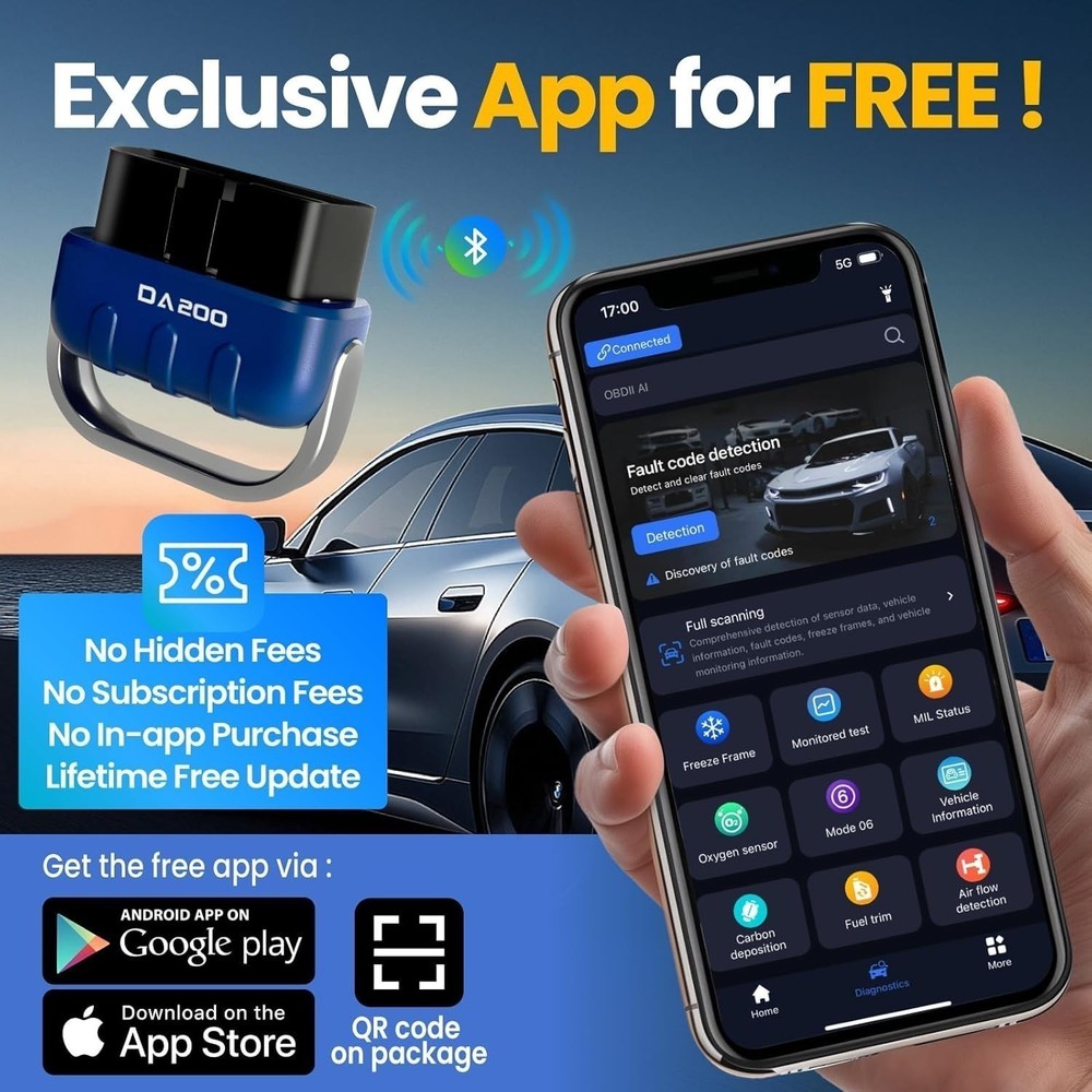 OBD2 Scanner Bluetooth Diagnostic Tool for iOS+Android Car Code Reader W/ AI+APP