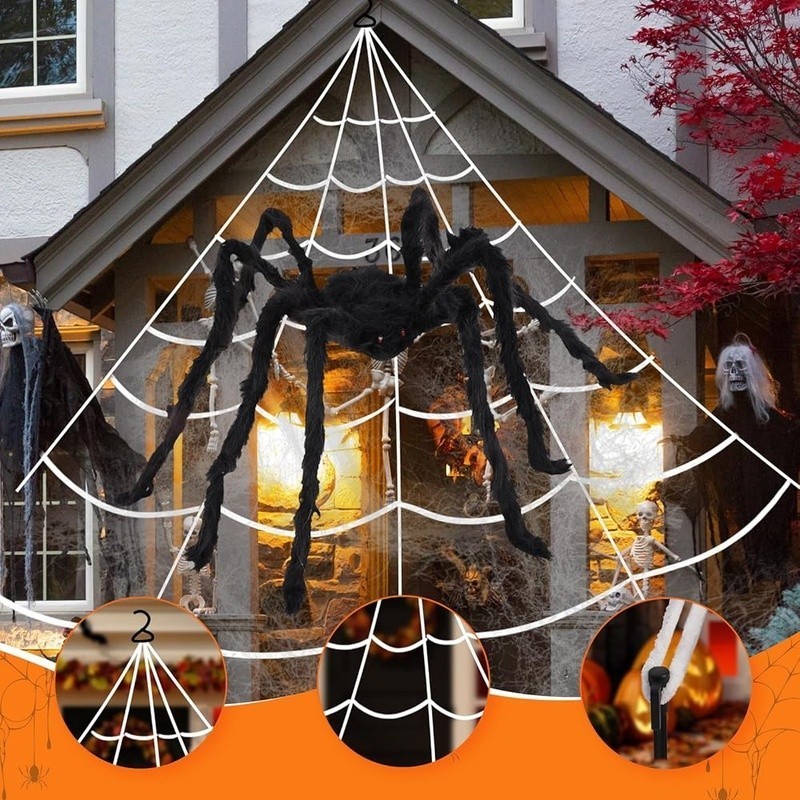 Giant Light Up Spider Web Remote Control Timer Realistic Spider Halloween Decor