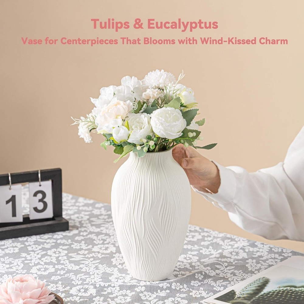 Windblown Texture Vase - White Matte Ceramic with Dynamic Lines, 9.2" Unique Flo